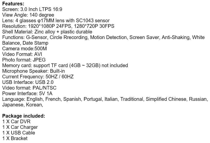 NEW Full HD 1080P 3" Car Camera & Video Recorder, HDMI Port, 5 MP, Night Vision, G-Sensor