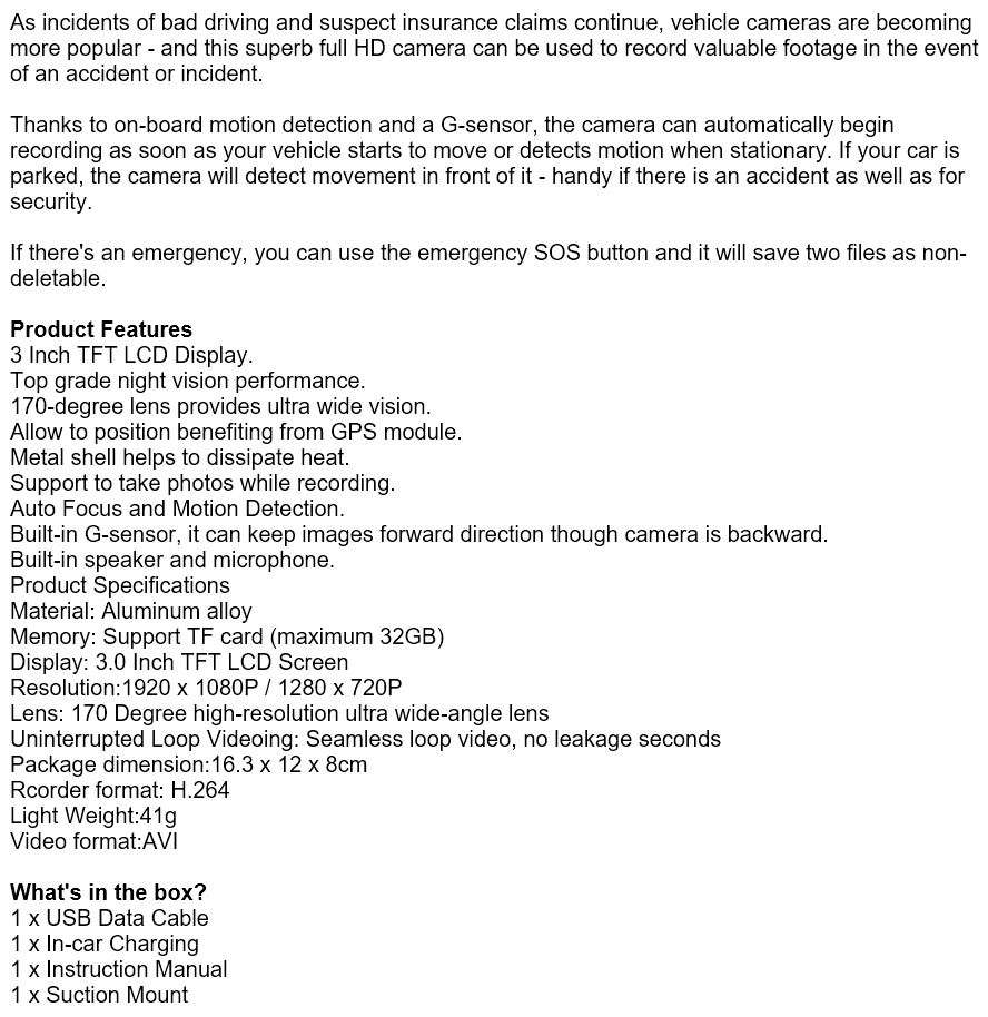 NEW! 3" HD 1090P Car Camera & Video Recorder, G-Sensor, Night Vision, Loop Recording, Motion etc.