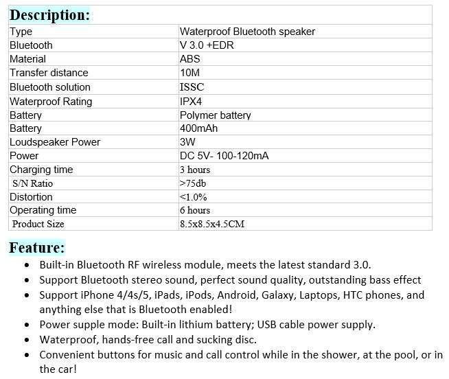 Wireless Bluetooth Waterproof Speaker for IOS & Android Devices