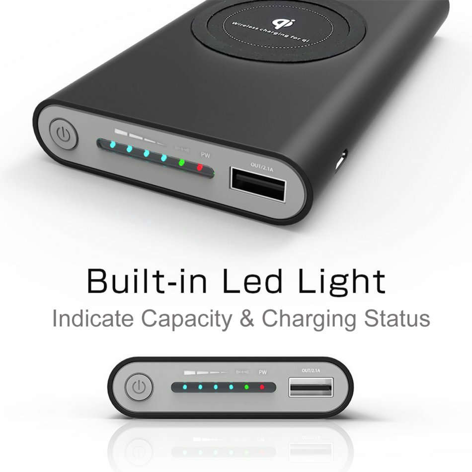 QI Wireless Charger & Dual USB 10,000MaH Power Bank - Charge 3 Electronic Devices Simultaneously