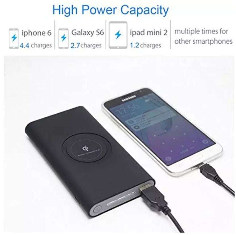 QI Wireless Charger & Dual USB 10,000MaH Power Bank - Charge 3 Electronic Devices Simultaneously
