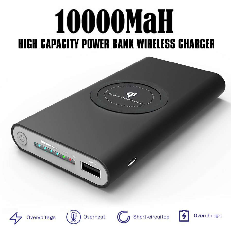 QI Wireless Charger & Dual USB 10,000MaH Power Bank - Charge 3 Electronic Devices Simultaneously