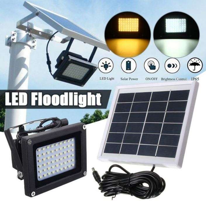54 LED Solar Flood Light with 5 meter cable, Solar Panel, Solar Panel Bracket, Day & Night Sensor