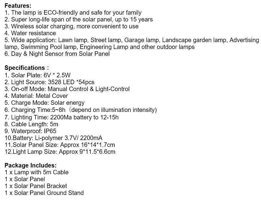 54 LED Solar Flood Light with 5 meter cable, Solar Panel, Solar Panel Bracket, Day & Night Sensor