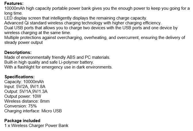 10000mAh Dual USB Power Bank & Wireless Charger, LED Digital Display & Flashlight