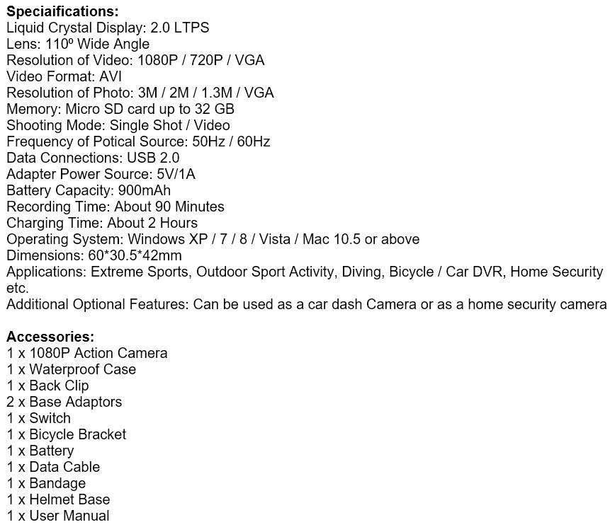 2" Full HD Action Sport Camera - Waterproof, LCD Screen, Side Helmet Mount, Waterproof Casing..