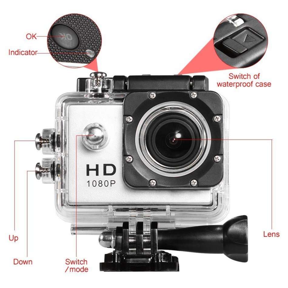 2" Full HD Action Sport Camera - Waterproof, LCD Screen, Side Helmet Mount, Waterproof Casing..