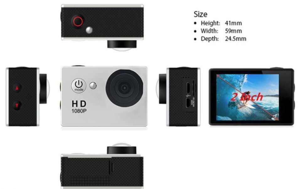 2" Full HD Action Sport Camera - Waterproof, LCD Screen, Side Helmet Mount, Waterproof Casing..