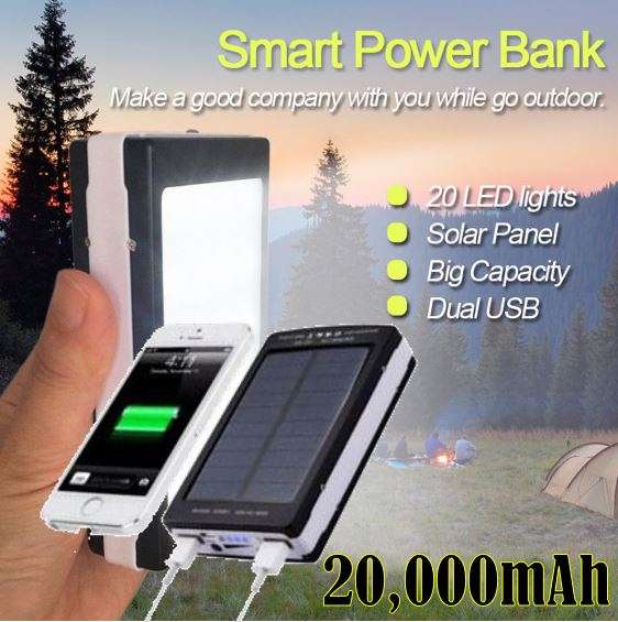 20,000mAh Dual USB SOLAR Power Bank with 20 LED Flash Light for all Your Outdoor Activities