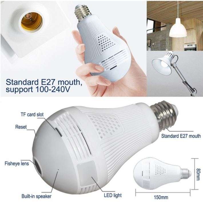 WI-FI Wireless Two-Way Intercom 360° HD Panoramic IP Bulb Camera & Light, Support SD Card