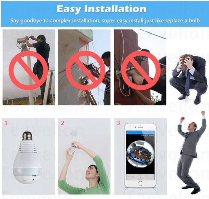 WI-FI Wireless Two-Way Intercom 360° HD Panoramic IP Bulb Camera & Light, Support SD Card