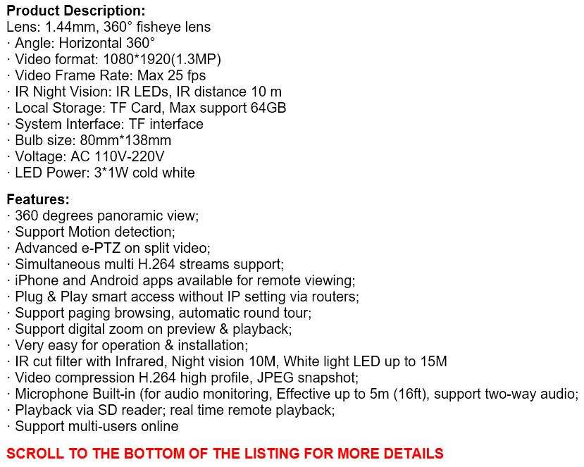 WI-FI Wireless Two-Way Intercom 360° HD Panoramic IP Bulb Camera & Light, Support SD Card