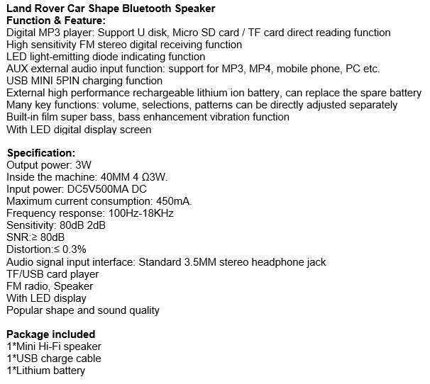 Land Rover Car Shape Bluetooth Speaker & FM Radio With Car Sound & Lights