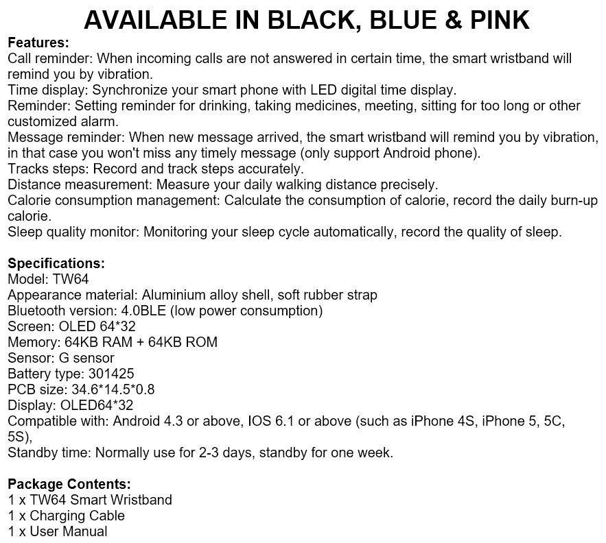 Bluetooth Smartwatch & Fitness Bracelet with Pedometer for Samsung & Android Phones - 3 Colours