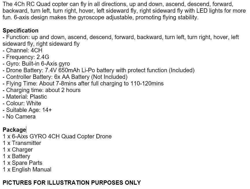 6-Aixs GYRO Remote Control 4CH Quad Copter Drone With LED Lights