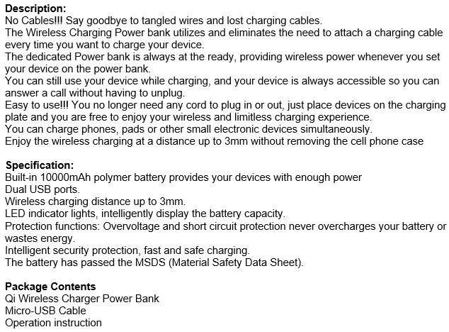 QI Wireless Charger & Dual USB 10,000MaH Power Bank - Charge 3 Electronic Devices Simultaneously