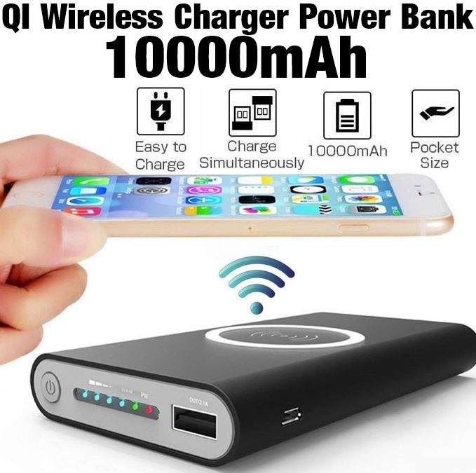 QI Wireless Charger & Dual USB 10,000MaH Power Bank - Charge 3 Electronic Devices Simultaneously