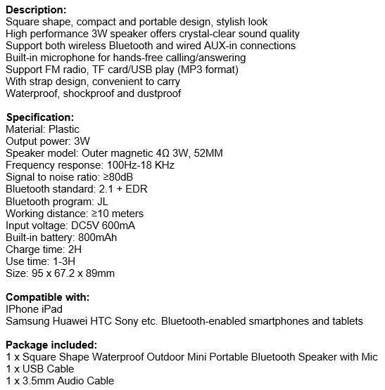 Wireless Bluetooth Speaker with AUX-in, USB, SD, built-in microphone for hand-free calls