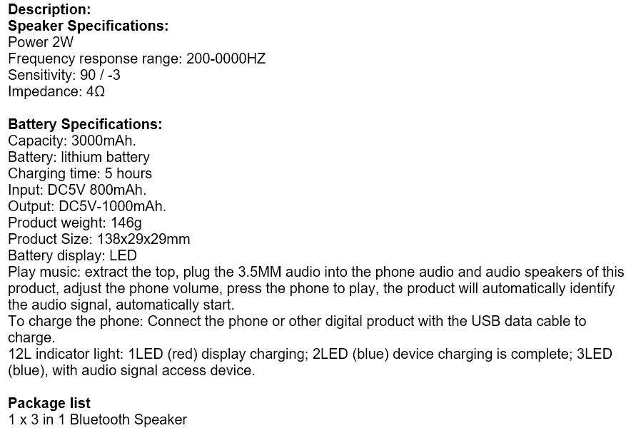 3 in 1 Wireless Bluetooth Speaker, 3000mAh Power Bank & Mobile Phone Stand