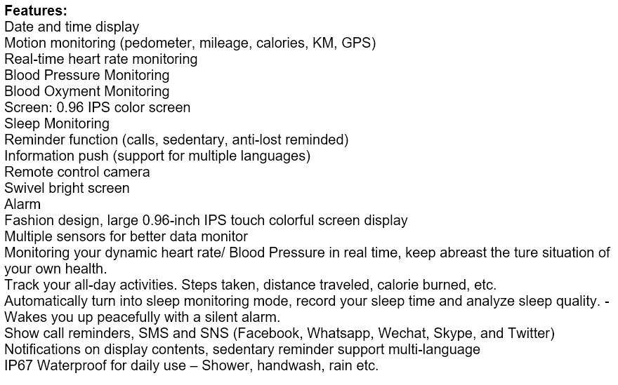 Bluetooth Smart Watch Fitness Tracker - Monitor Heart Rate, Blood Pressure, Blood Oxygen, Calories