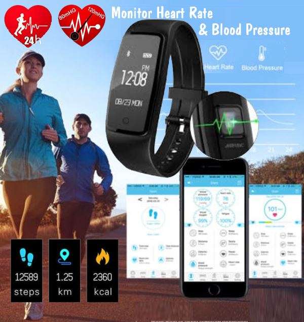 Bluetooth Smart Fitness Tracker with Heart Rate & Blood Pressure Monitor, Pedometer, Sleep Monitor