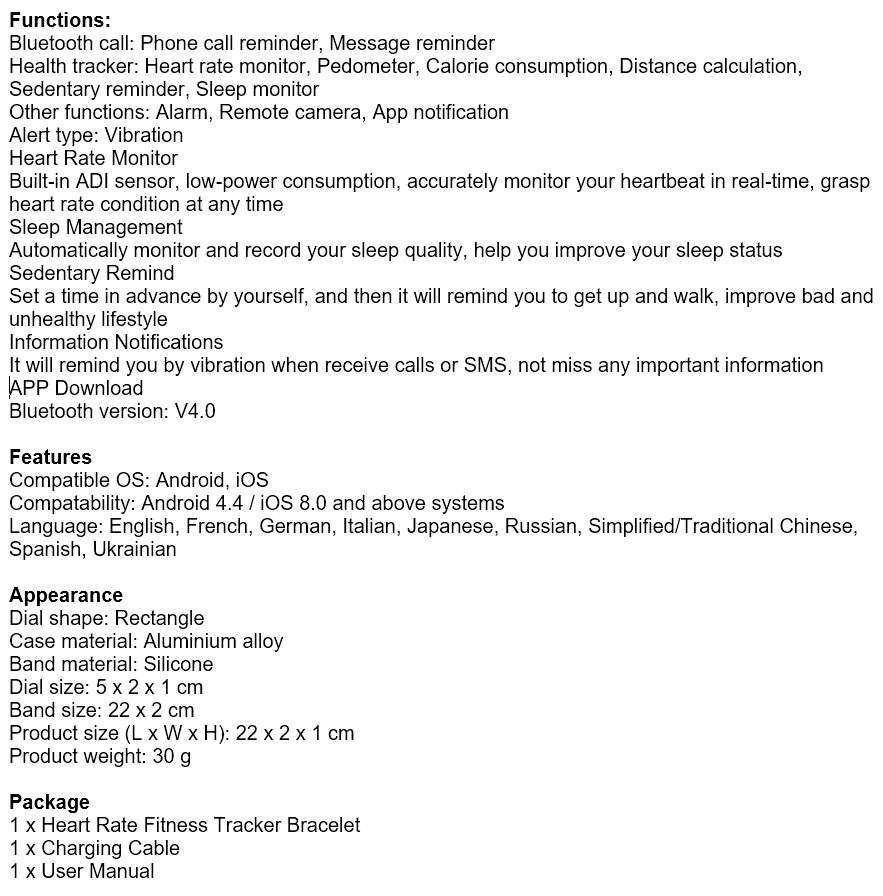 Heart Rate Monitor Smart Wristband Fitness Tracker for Android & iOS Smartphones