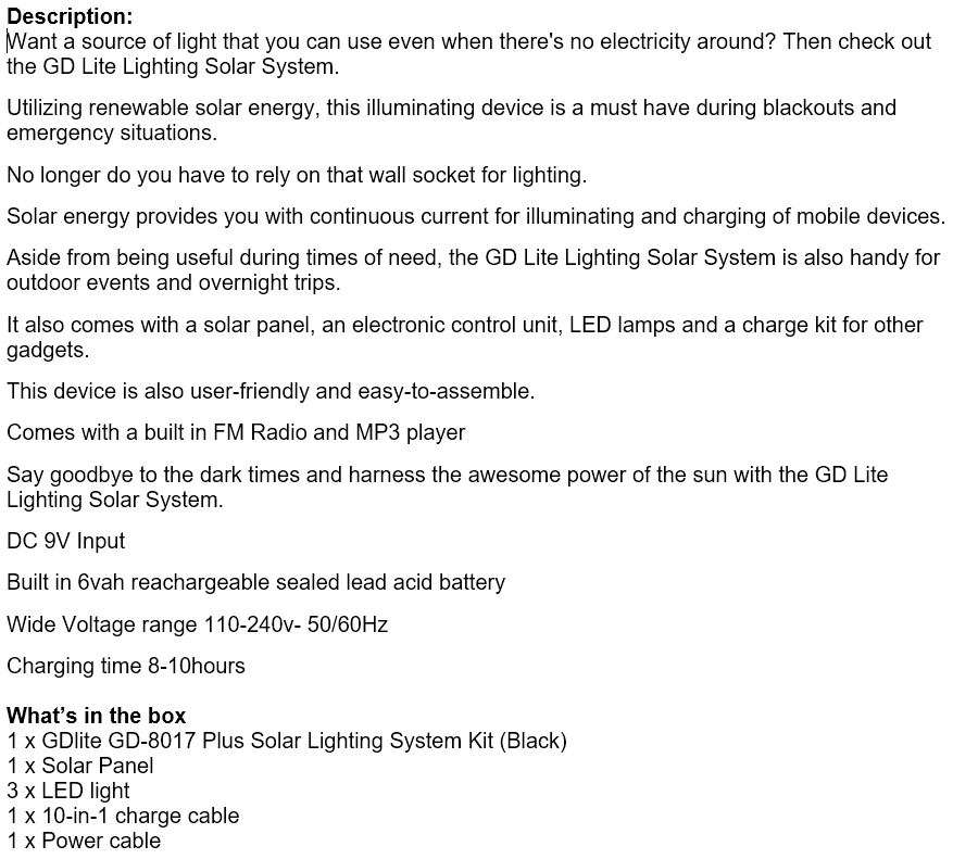 Home Solar System - Battery Control Unit, 3 LED Lamps, Solar Panel, Remote & 10 in 1 Charging Cable