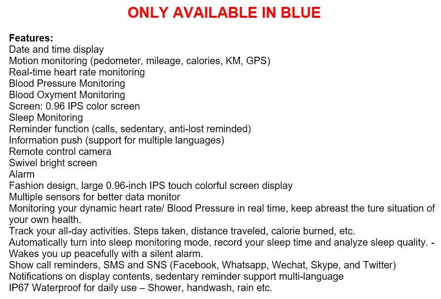 Bluetooth Smart Watch Fitness Tracker - Monitor Heart Rate, Blood Pressure, Blood Oxygen, Calories