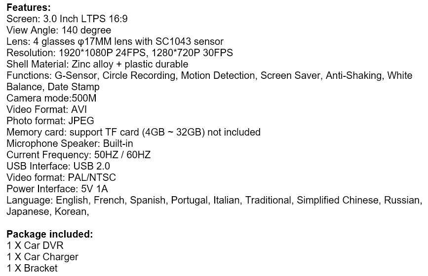 HDMI 1080P 3" Car Camera & Video Recorder, HDMI Port, 5 MP, Night Vision, G-Sensor