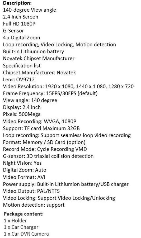 HD Car Camera & Recorder with G-Sensor, Loop Recording, Motion Detection etc.