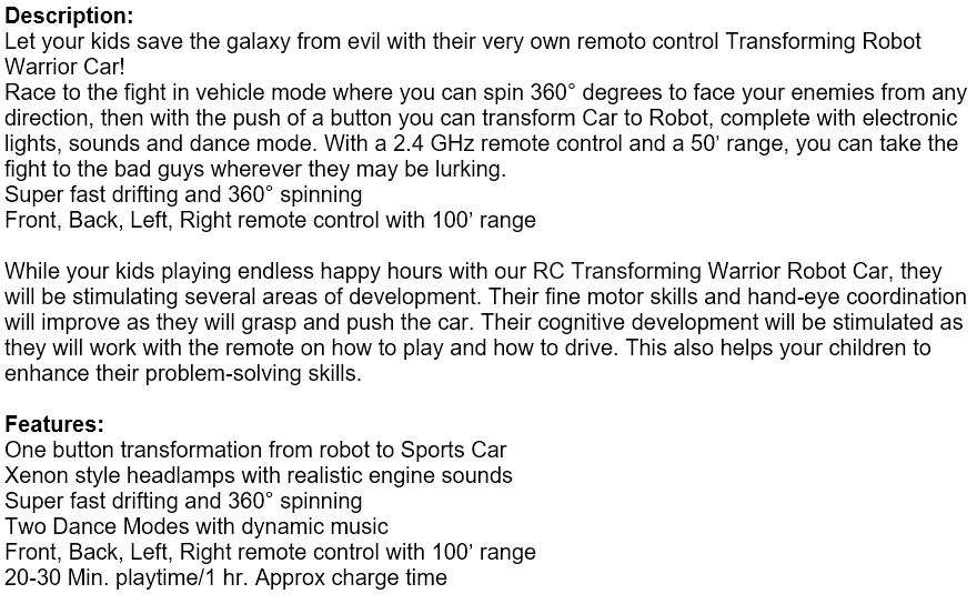2.4Ghz Gesture Sensing Remote Control TRANSFORMER Robot Car, Xenon Style Lights & Engine Sounds