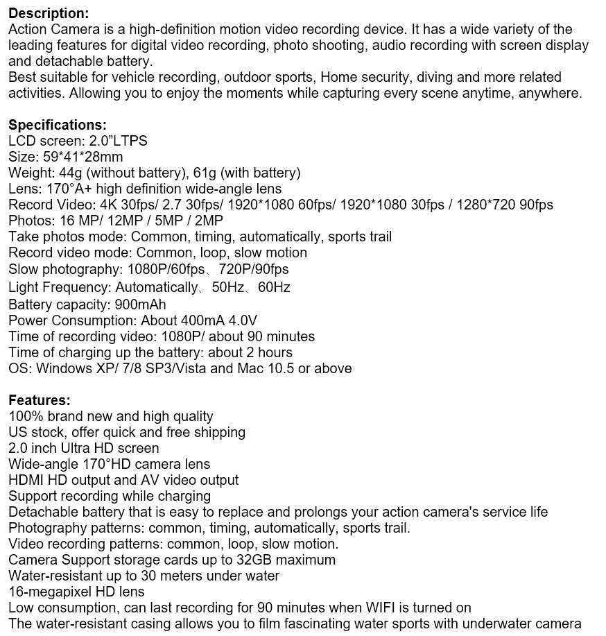 4K ULTRA HD WI-FI Action Sport DVR & Camera - LCD Screen, Waterproof Casing..