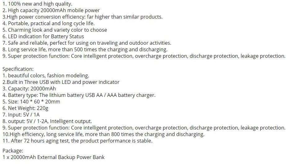 20 000mAh Power Bank - 3 USB Ports for Charging of three Different Electronic Devices Simultaneously