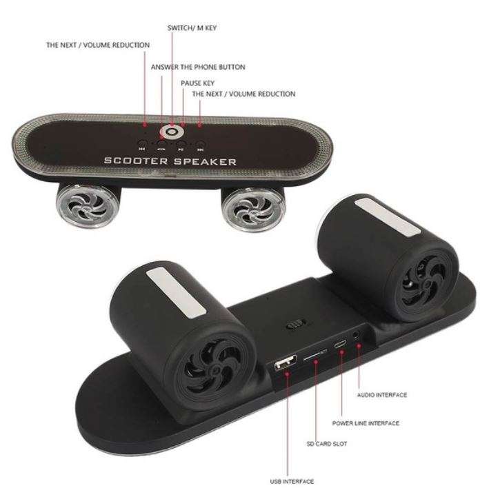 Portable Wireless Skateboard Bluetooth Speaker with Microphone, Support USB, SD Card & Aux-in