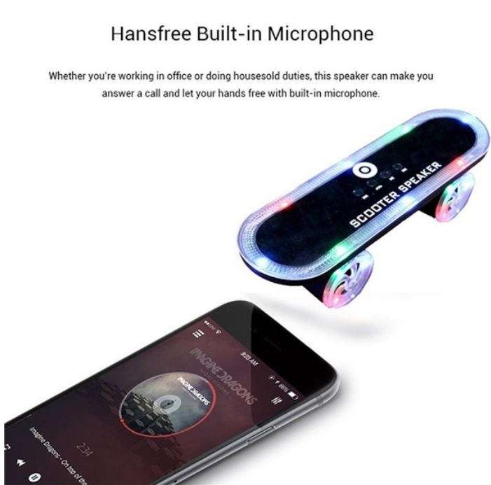 Portable Wireless Skateboard Bluetooth Speaker with Microphone, Support USB, SD Card & Aux-in