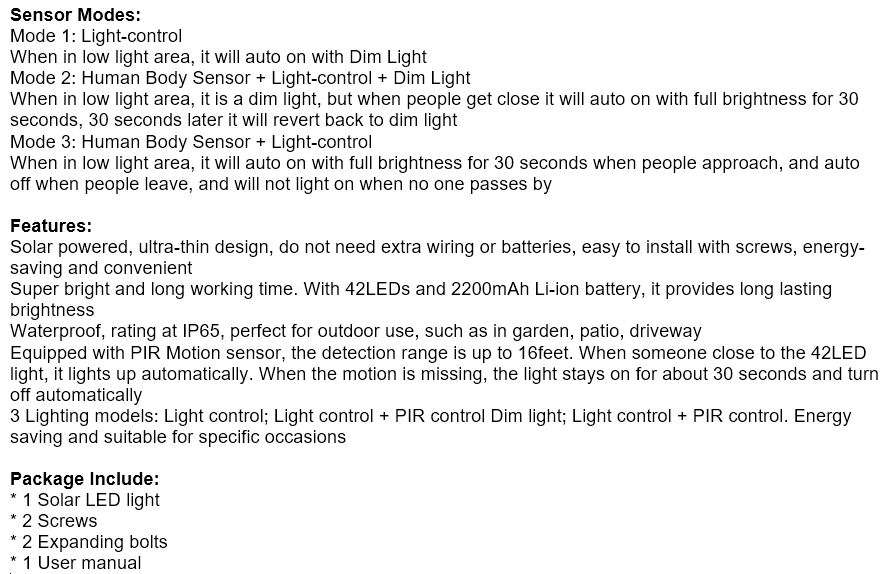 40W Waterpfoof 42 LED PIR Motion Sensor Solar Light with 3 Lighting Modes