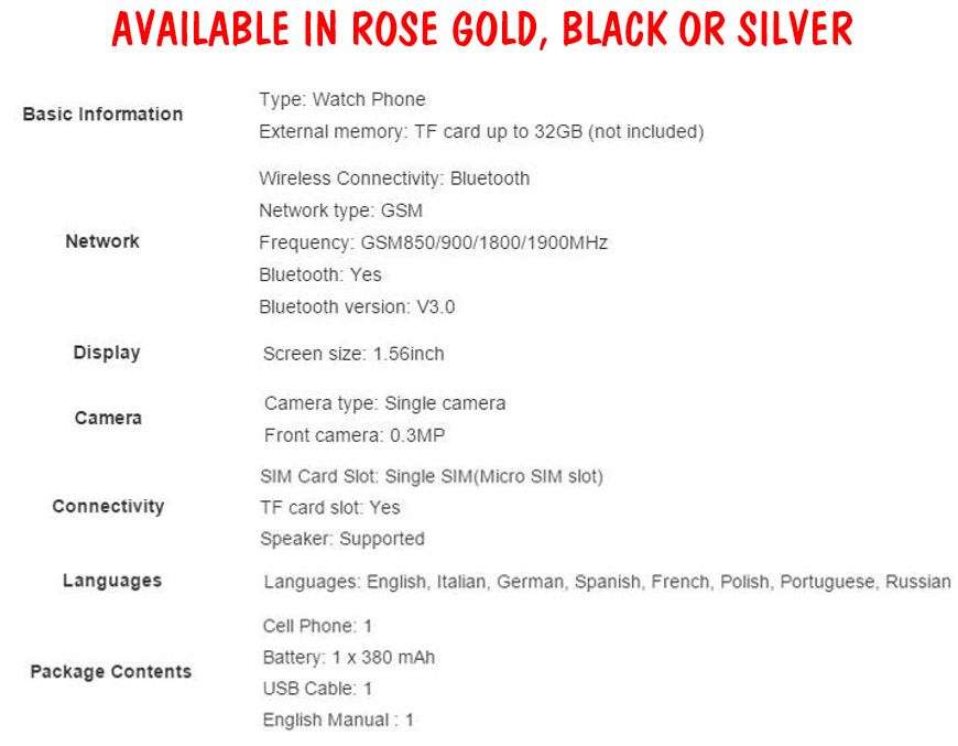 Smart Watch Phone, Support SIM CARD, Bluetooth, Camera, Sleep Monitor, SD Card, MP3, Pedometer etc.