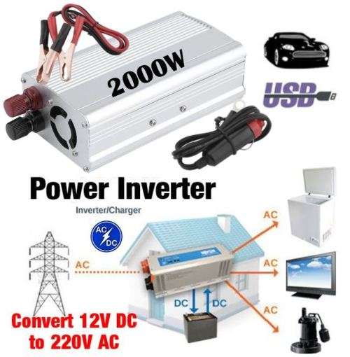2000 WATT Power Inverter - Convert 12V DC to 220V AC with Battery Clip Cable & 12V Car power outlet