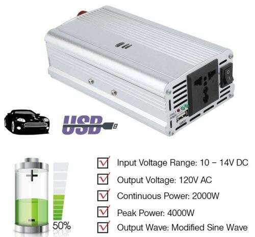 2000 WATT Power Inverter - Convert 12V DC to 220V AC with Battery Clip Cable & 12V Car power outlet