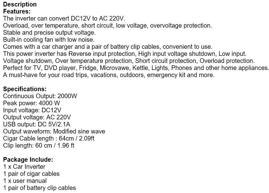 2000 WATT Power Inverter - Convert 12V DC to 220V AC with Battery Clip Cable & 12V Car power outlet