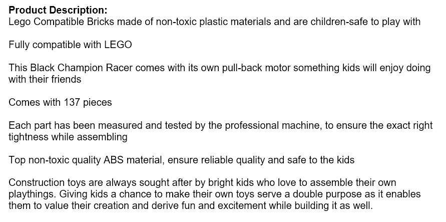 Build your own Lego Compatible Black Champion Racer with Pull Back Action Running - 137 Piece