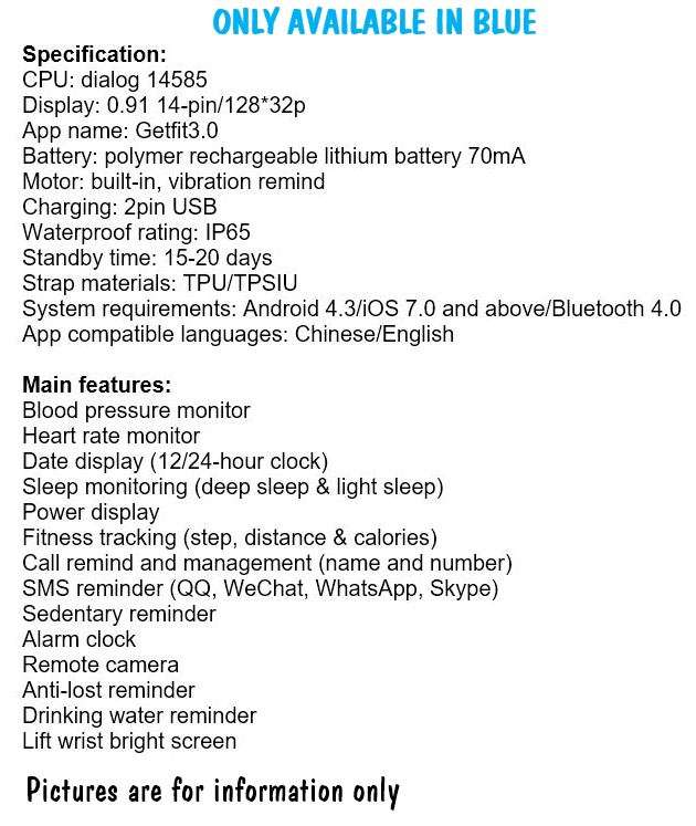 Bluetooth Smart Fitness Tracker with Heart Rate & Blood Pressure Monitor, Pedometer, Sleep Monitor
