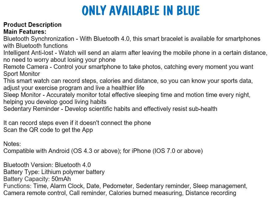 Bluetooth Smart Watch & Fitness Tracker, Pedometer, Calories etc. for Android & iOS Smartphones