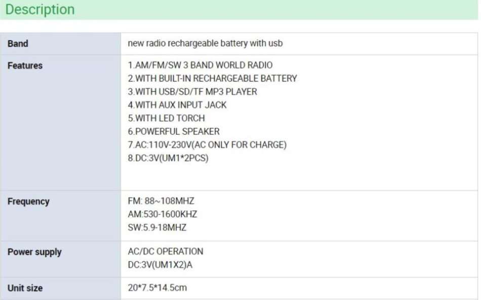 SD/USB/TF MP3 Player - AM/FM Radio, Build in X-Bass Speaker, Flash Light & Rechargeable Battery