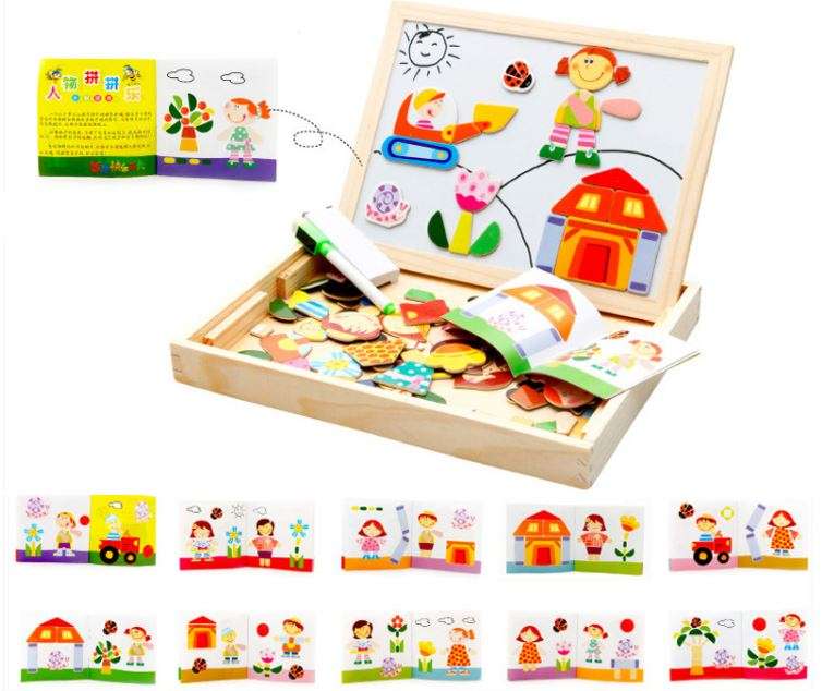 Wooden Educational Figure Box Set with magnetic white board, Chalk Board & Accessories