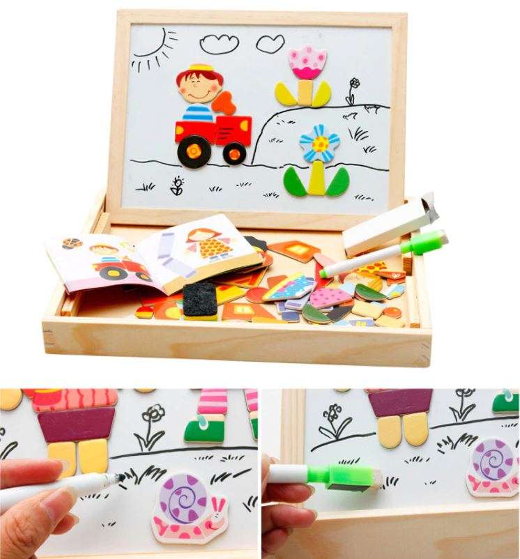 Wooden Educational Figure Box Set with magnetic white board, Chalk Board & Accessories