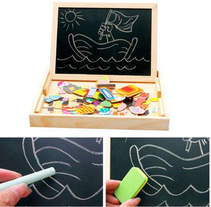 Wooden Educational Figure Box Set with magnetic white board, Chalk Board & Accessories