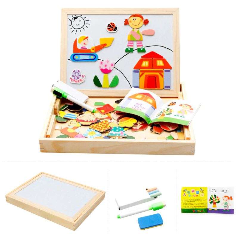 Wooden Educational Figure Box Set with magnetic white board, Chalk Board & Accessories