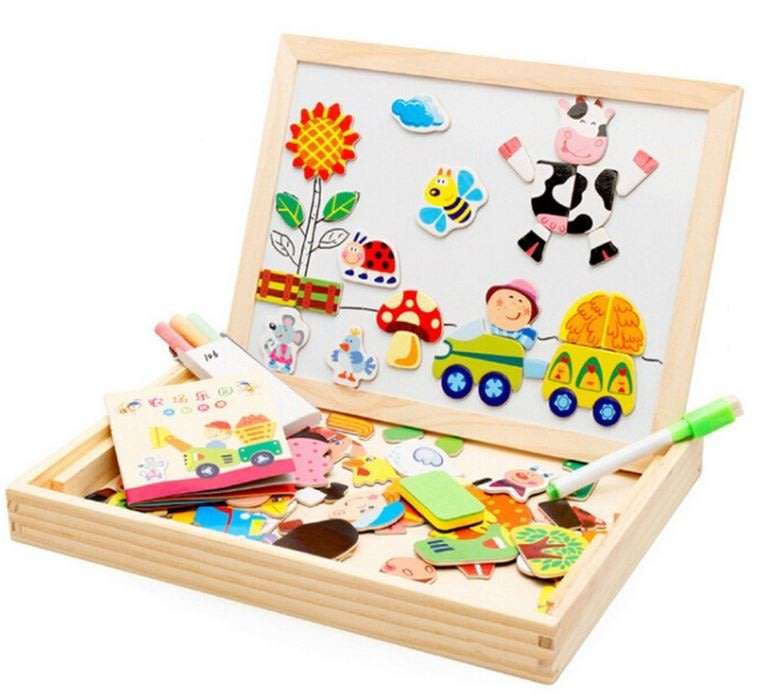Wooden Educational Figure Box Set with magnetic white board, Chalk Board & Accessories