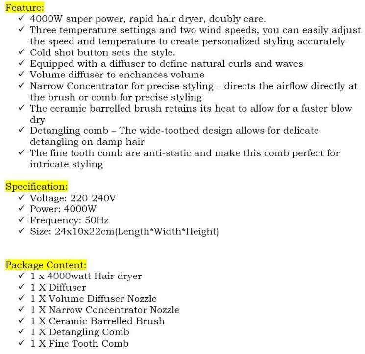 6 IN 1 - 4000W Professional Hair Dryer - Heavy Duty, Extreme Power, 3 Heat Settings & Silent Design